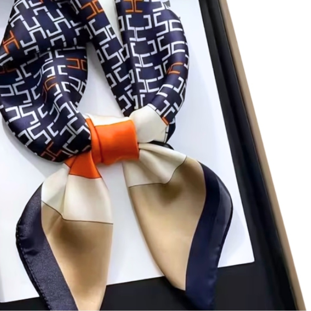 2/$30 Multicolor Print Square Neck Handbag Scarf Silky Satin Blue Orange Tan